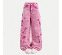 Jeans boyfriend en denim droits amples et délavés avec des patchs en forme d'étoile rose pour filles préadolescentes dans la Y2K. Vêtements de fille, tenues streetwear 8Y,9Y,10Y,11Y,12YUnicoloreJean