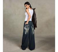 Jeans boyfriend oversize et extra-longs à jambes larges, lavage usé avec graphique de croix et de vigne, inspiré du punk rock L,M,S,XL,XS,XXSPlantes,Motif texturéTissu tissé