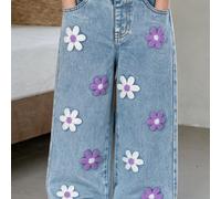Jeans boyfriend pour jeunes filles, jeans oversize à jambes larges. Jeans boyfriend amples et lâches pour filles, nouvelle collection 2025. Jeans flare délavés, effilochés et brodés de flocons de neig