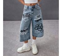 Jeans capri bleus à jambes larges avec motifs de fleurs et de visages souriants, style mode décontractée Y2K pour les préadolescentes. Idéal pour le port quotidien, l'été, le printemps, les festivals 