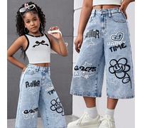Jeans capri bleus à jambes larges avec motifs de fleurs et de visages souriants, style mode décontractée Y2K pour les préadolescentes. Idéal pour le port quotidien, l'été, le printemps, les festivals 