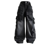 Jeans cargo personnalisés pour filles - Pantalon baggy Hip Hop en denim multi-poches pour enfants - Jambe large - Taille élastique - Taille haute - Pantalon en denim tendance et esthétique, Noir-b, 11
