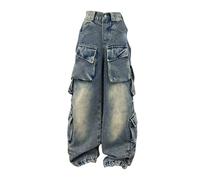 Jeans cargo personnalisés pour filles - Pantalon baggy Hip Hop en denim multi-poches pour enfants - Jambe large - Taille élastique - Taille haute - Pantalon en denim tendance et esthétique, Bleu - b