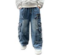 Jeans cargo vintage avec poches à fermeture éclair pour garçons baggy jambes larges taille élastique pantalon en denim enfants tout-petits été Y2k Streetwear rétro filles droite décontracté jeans