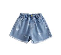 Jeans courts d'été taille haute pour adolescentes avec nœud - Short en jean décontracté - Taille élastique - Ourlet brut - Poches - Vêtements tendance