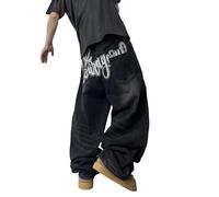 Jeans de Skateboard surdimensionnés à la Mode pour Hommes avec Motif de Broderie de Lettres Jeans à Jambes Larges y2k Streetwear des années 2000 (Noir,S)