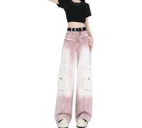Jeans De Travail À Jambes Larges Et Droites pour Femmes Mode Rétro Décontracté Dégradé Tendance De Rue Printemps Et Automne Jeans Gothiques Multi-Poches Harajuku (Rose,S)