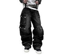 Jeans de Travail pour Homme, Style Gothique Tendance, Coupe Ample Hip-hop Skate Pantalon à Jambes Larges avec Poches, Patchwork et Broderie. (Noir 3,Grand)