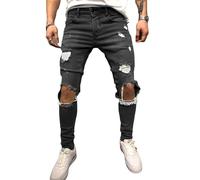 Jeans Déchiré pour Homme Pantalon Denim Slim Fit Jeans Troué Skinny Pantalon Cigare Homme Jeans Déchiré Percé Denim Vintage Délavé Motif Imprimé Casual (Noir,S,S)