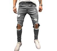 Jeans Déchiré pour Homme Pantalon Denim Slim Fit Jeans Troué Skinny Pantalon Cigare Homme Jeans Déchiré Percé Denim Vintage Délavé Motif Imprimé Casual (Gris,M,M)
