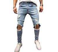 Jeans Déchiré pour Homme Pantalon Denim Slim Fit Jeans Troué Skinny Pantalon Cigare Homme Jeans Déchiré Percé Denim Vintage Délavé Motif Imprimé Casual (Bleu,S,S)