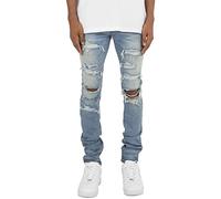 Jeans déchirés à la Mode pour Hommes Strass Patch Stretch Slim Skinny Jeans,Bleu,M