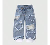 Jeans déchirés à taille oblique pour bébés filles, pantalon fuselé, élément essentiel de la mode décontractée des petites divas ! Tissu en jean lavé clair, taille élastique + design de chaîne factice,