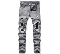 Jeans déchirés slim fit grande taille pour hommes, jean cargo uni gris clair vintage, style emo pour sortir, traîner, aller au travail ou à l'université 2XL,3XL,4XL,5XL,6XLUnicoloreJean