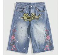 Jeans décontractés à jambe large, 7/8 longueur, avec broderie florale et décoration de strass pour hommes 30,32,36,34LettresJean