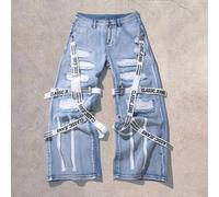 Jeans décontractés amples à jambe large avec design de bande de lettre de poche pour hommes L,M,S,XL,XXLLettresJean