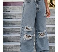 Jeans décontractés délavés bleus clairs, coupe ample, taille souple, style polyvalent, personnalisé, style années 2000 pour les préadolescentes. Nouvelles arrivées printemps-été 2025, convient pour le