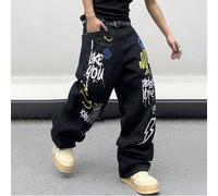 Jeans décontractés droits casual à motif graphique pour hommes, jeans foncés unis, jeans cargo noirs lavés amples et longs. Pour le mari, cadeau pour le petit ami. L,M,S,XL,XS,XXLgraphique,Lettres,Pla