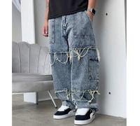 Jeans décontractés larges à jambes droites et polyvalents dans un style mode jeune, chic de rue, collège, sports, avec franges dans un style grunge, goth, Y2K pour hommes L,M,S,XL,XSJean