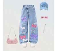 Jeans décontractés pour filles pré-adolescentes, style urbain de tous les jours avec une impression d'nœud mignonne, taille élastique, détails déchirés, jambe large, lavage clair 8Y,9Y,10Y,11Y,12YAnim