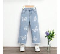 Jeans Droit À Ourlet Brut Et Imprimé Papillon Pour Jeune Fille 6Y,7Y,4Y,5YAnimal,Plantes,PapillonJean