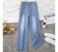 Jeans droits à jambe large et élastique délavés pour petites femmes, pantalon décontracté polyvalent Petite XXS,Petite XS,Petite S,Petite M,Petite LUnicoloreJean