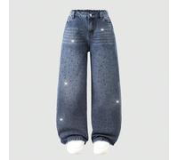 Jeans droits à taille haute vintage délavé avec décoration de strass Girlism adolescent Y2K, streetwear automne/hiver pour filles retour à l'école, convient pour le streetwear des filles, article de m