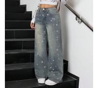 Jeans droits ample en denim vintage lavé rétro des années 90 avec ornements de strass pour adolescentes. Tenue de retour à l'école, streetwear, tenue de fête. Jeans de rentrée scolaire et de bal des f