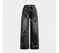 Jeans droits amples délavés, effilochés, avec des patchs d'étoiles style boho printemps et été pour préadolescentes 8Y,9Y,10Y,11Y,12YJean