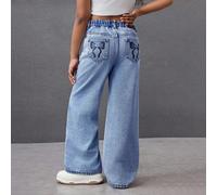 Jeans droits amples en denim délavé clair pour préadolescentes avec des poches décorées d'un imprimé nœud papillon mignon, pantalons pour filles. Tenues d'été décontractées pour la plage, les vacances