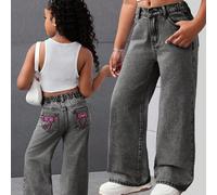 Jeans droits amples en denim délavé pour préadolescentes Y2K avec des poches décorées d'un imprimé nœud papillon mignon, Shorts d'été bohèmes de plage pour filles, Tenues décontractées d'été pour conc
