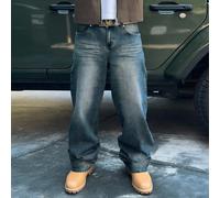 Jeans droits amples et détendus avec lavage vintage pour hommes, style de rue rétro américain Y2K. Convient comme cadeau pour le petit ami ou le mari. L,M,S,XL,XS,XXLUnicoloreJean