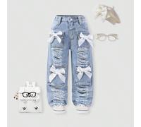 Jeans droits amples pour jeunes filles avec trous déchirés, style streetwear bleu clair, décoration adorable avec nœud blanc, poches 3D multiples, convient pour être porté avec des hauts à manches cou