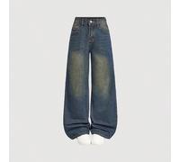 Jeans droits baggy à taille haute avec effet vieilli et motif de moustaches de chat pour les préadolescentes. Vêtements d'automne-hiver et tenues streetwear pour la rentrée scolaire des préadolescente