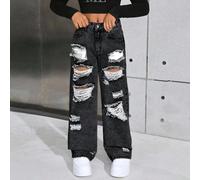 Jeans droits déchirés baggy style de rue en denim délavé à la pierre, pour filles pré-adolescentes. Tenues de vêtements d'automne pour filles 8Y,9Y,10Y,11Y,12YUnicoloreJean