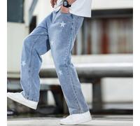 Jeans droits décontractés pour homme avec imprimé étoile contrastant, jeans cargo à jambe droite longue bleu clair brodé, jeans légers, cadeau pour mari ou petit-ami L,M,S,XL,XS,XXLGéométriqueJean