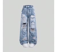Jeans droits délavés bleus avec patchs et broderie d'étoiles pour filles pré-ados dans le style décontracté des années 2000. Jeans amples délavés et déchirés avec broderie d'étoiles, style casual pour