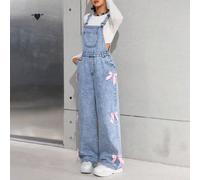 Jeans droits en denim ample effet stone-wash à la mode Y2K pour adolescentes, salopette en denim sans tee-shirt avec poches décorées de noeuds papillon. Tenues de retour à l'école pour filles en autom