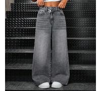Jeans droits larges en denim gris délavé avec taille asymétrique ample, style streetwear Y2K pour préadolescentes. Pantalon large gris pour l'hiver, la remise des diplômes, l'automne/l'hiver, la rentr