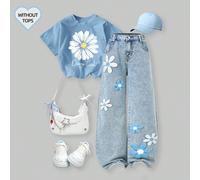 Jeans droits longs en denim bleu pour préadolescentes avec des patchs de fleurs marguerites, jeans fleuris à jambes larges et amples pour filles des années 70 avec broderie de tournesols, pantalon amp