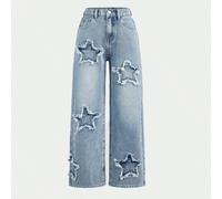 Jeans droits oversize délavés, effilochés et avec des patchs d'étoiles style boho pour jeunes filles, tenue vestimentaire pour enfants pour le printemps et l'été 8Y,9Y,10Y,11Y,12YGéométrique,Unicolore