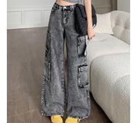 Jeans droits pour adolescentes, style punk rave des années 90, avec poches inclinées, lavage unicolore. Design de poches , doux et élégant, pour un style casual. Convient pour les déplacements, l'entr