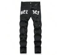 Jeans en coton homme à motif de lettres déchirés, jeans slim de couleur unie, jeans noirs longs lavés, jeans cargo. Pour maris, cadeaux pour petits amis. L,M,S,XL,XXLLettresJean