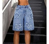Jeans en denim à jambes droites larges et effilochés avec poches, design polyvalent mix and match streetwear Y2K vintage cool, blocs de couleurs avec patchs étoiles, pour filles adolescentes, tenues d
