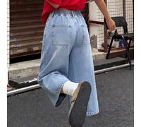 Jeans en denim bleu à jambes larges et amples de 8 pouces pour adolescente, style streetwear Y2K vintage cool, design polyvalent à assortir, taille élastique, coupe ample et confortable, pour le quoti