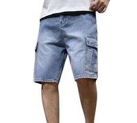 Jeans en denim de couleur unie - Short en coton - Version coréenne du short de costume à cinq points pour homme - Poches cargo, bleu, XL