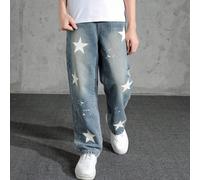 Jeans en denim déchiré rétro tout-aller lavé pour ado garçon, printemps et automne, avec graffiti en forme d'étoile à cinq branches, pantalon droit décontracté ample 14Y,11Y,12Y,13Y,15YGéométriqueJean