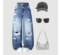 Jeans en denim délavé avec broderie polyvalente et décontractée pour filles, nouvel article polyvalent et décontracté pour 2025, convient pour toutes les saisons 8Y,9Y,10Y,11Y,12YgraphiqueJean