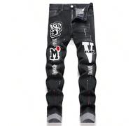 Jeans en denim élastique avec motif de lettre déchiré pour homme L,M,S,XL,XS,XXL,XXS,XXXLPortrait,Halloween,LettresJean