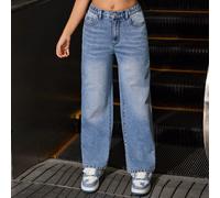 Jeans en denim lavé à jambe droite lâche, décontracté et confortable, article de mode polyvalent et saisonnier essentiel pour l'esprit scolaire, mode quotidienne ado 14Y,13Y,16Y,15YUnicoloreJean